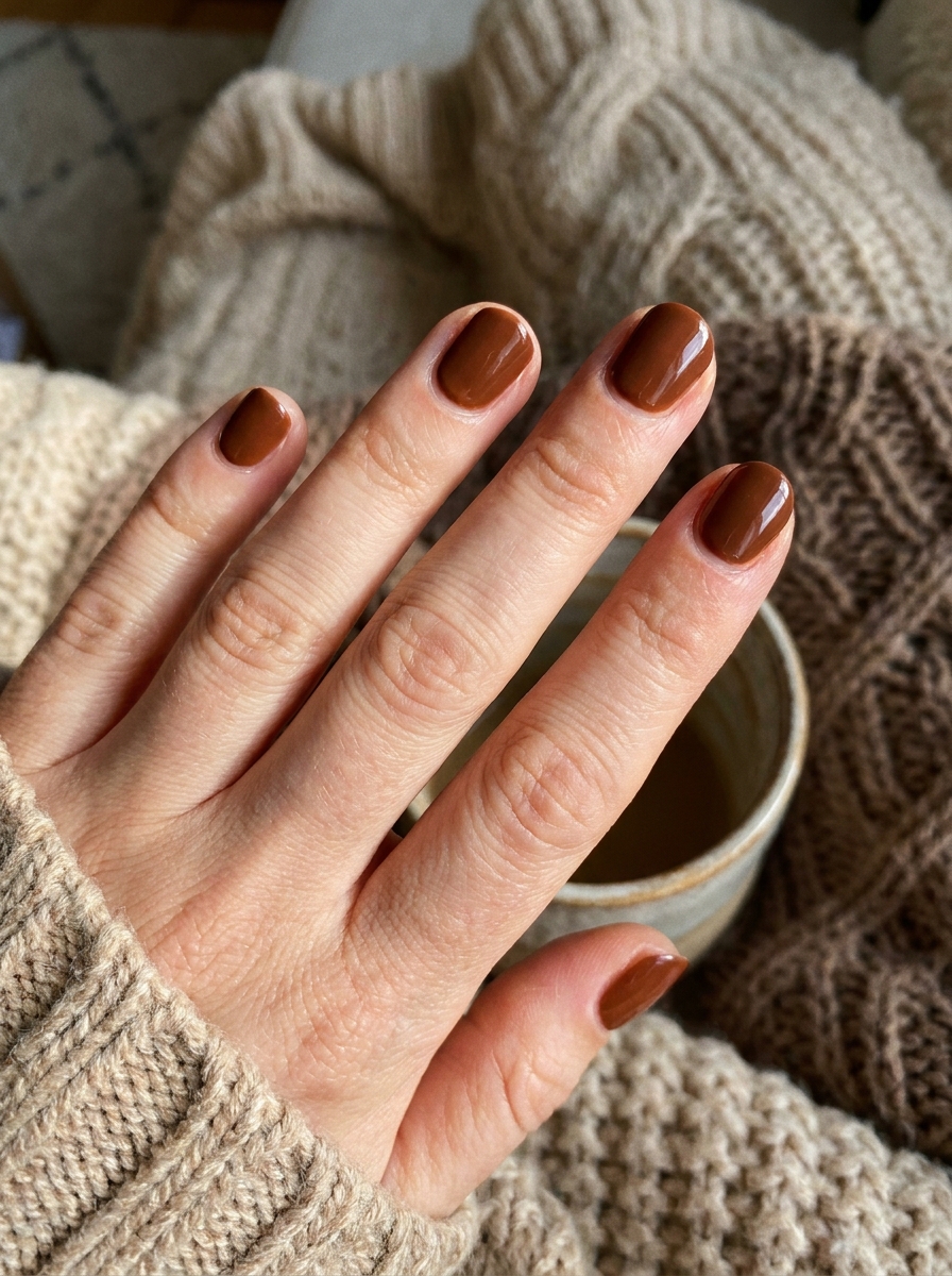 Soft Chestnut Nails auf kurzen gepflegten Nägeln im Herbst 2026